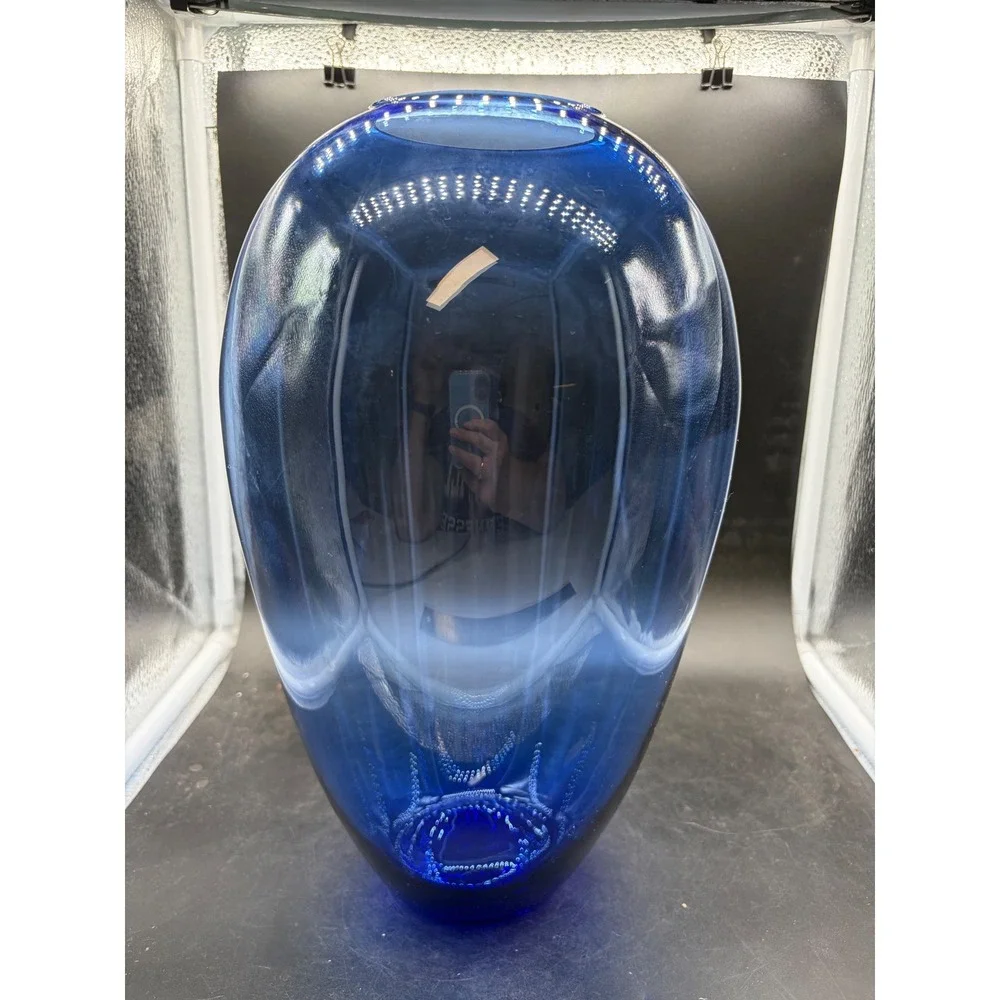 Cobalt Blue Hand Blown Art Glass Teardrop Vase Polished Pontil 13.5 Inch